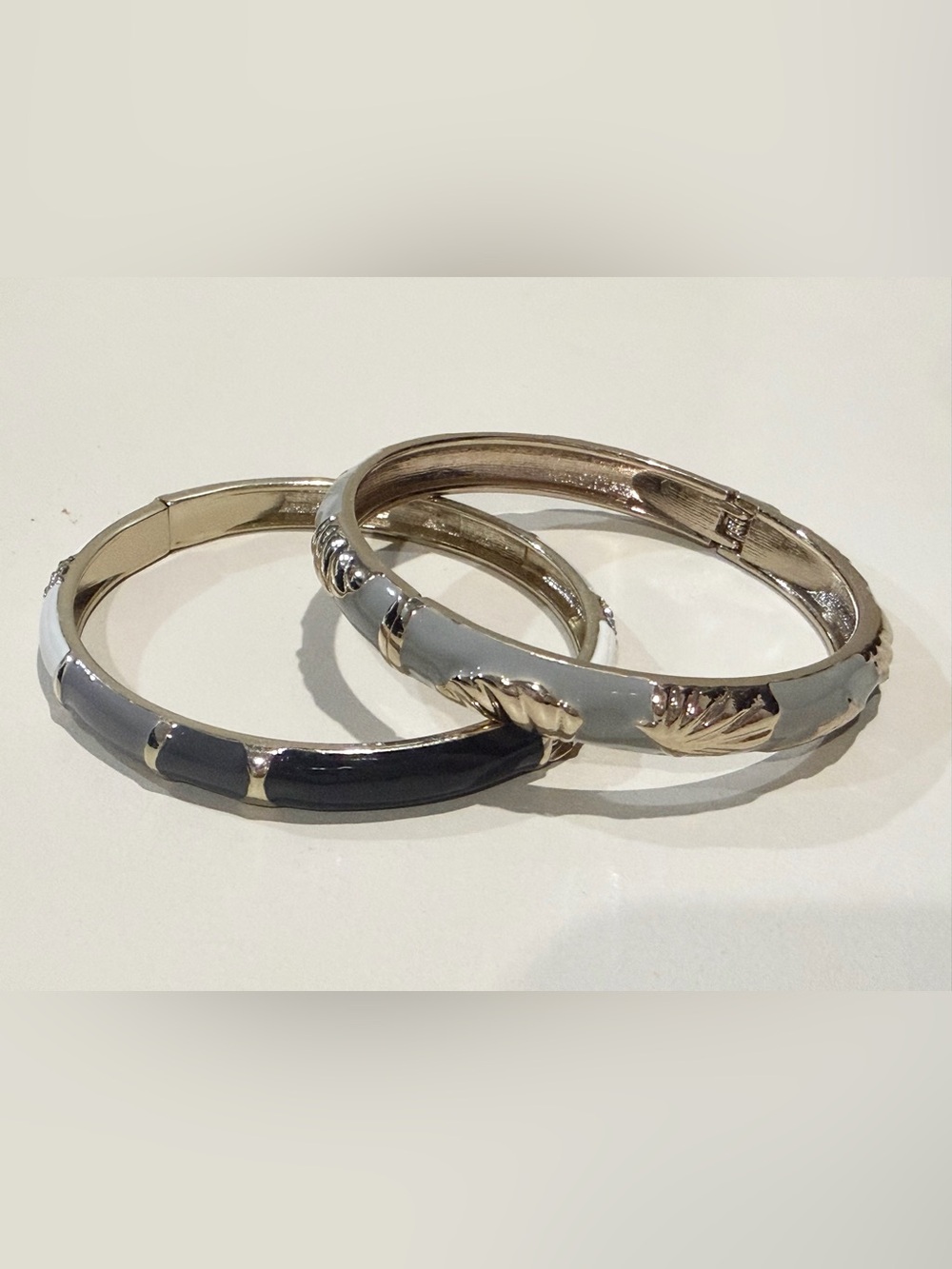 New 2 Gold-Tone Bangle Bracelet Set with Black and Gray Enamel